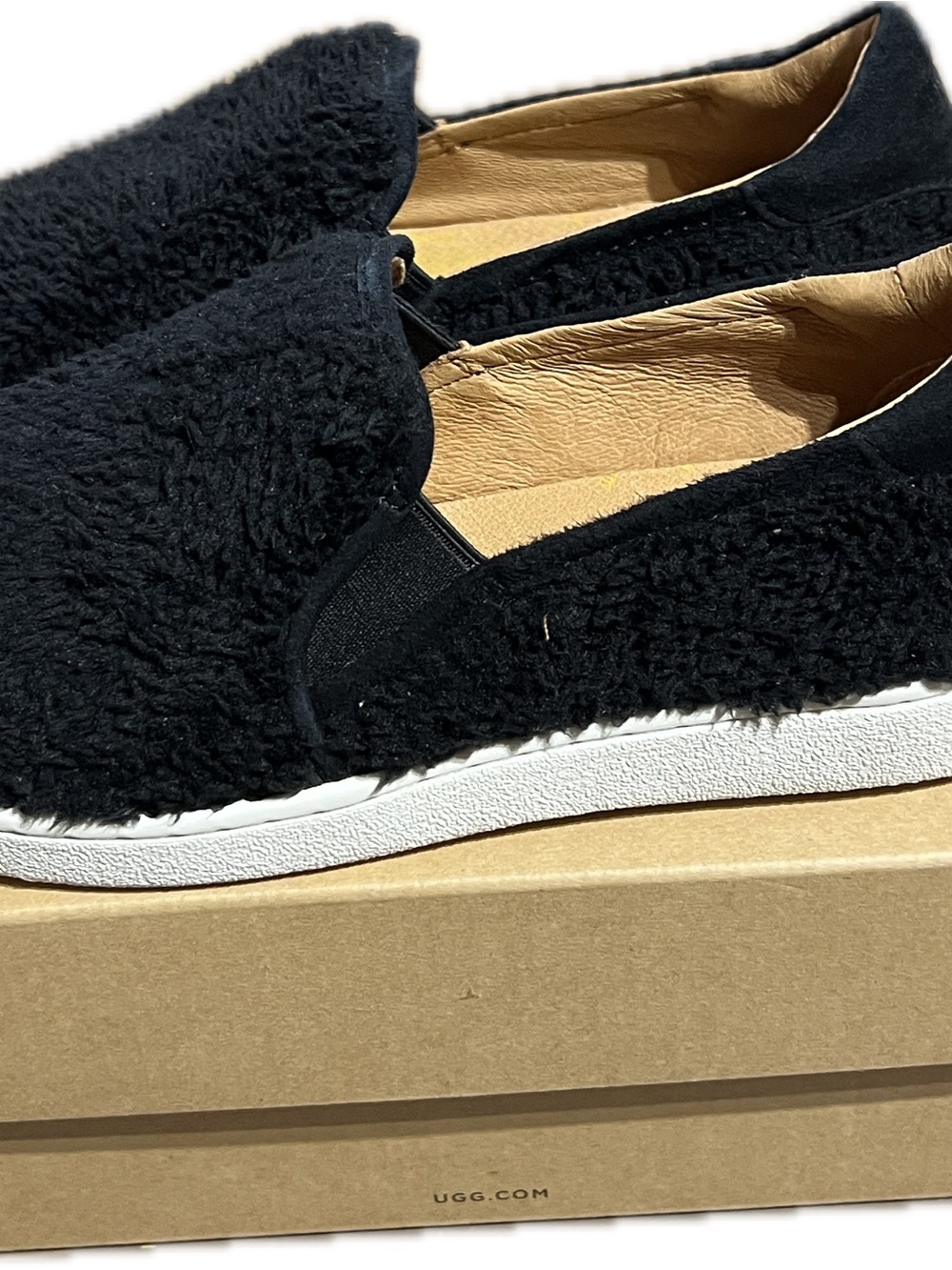 UGG Black Fuzzy Slip-On Sneakers with White Sole - Picture 3 of 5